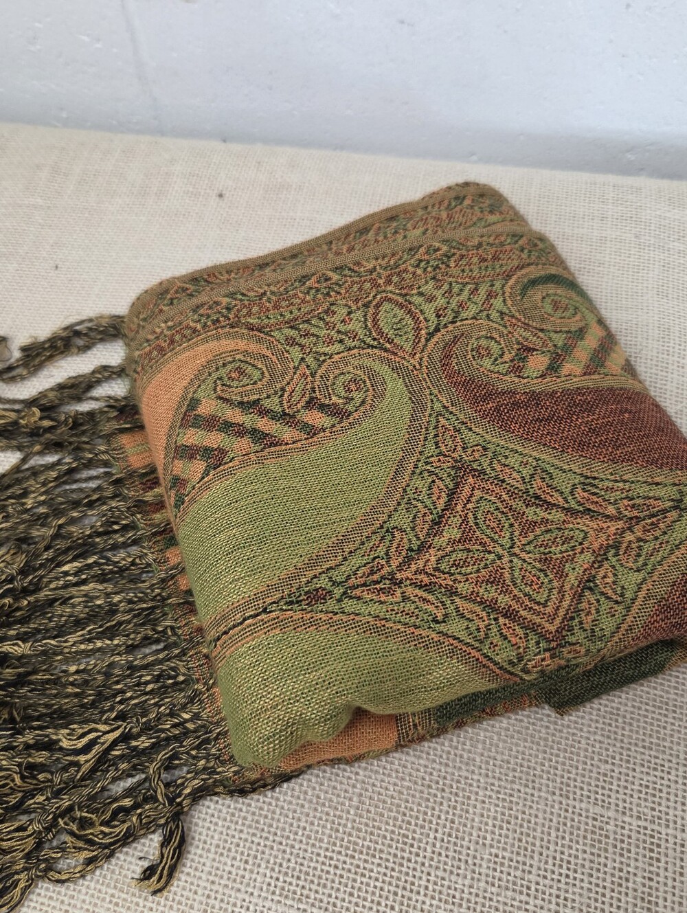 Pashmina cashmere wool and silk paisley print fringe scarf wrap sz 28x72 - Picture 8 of 9